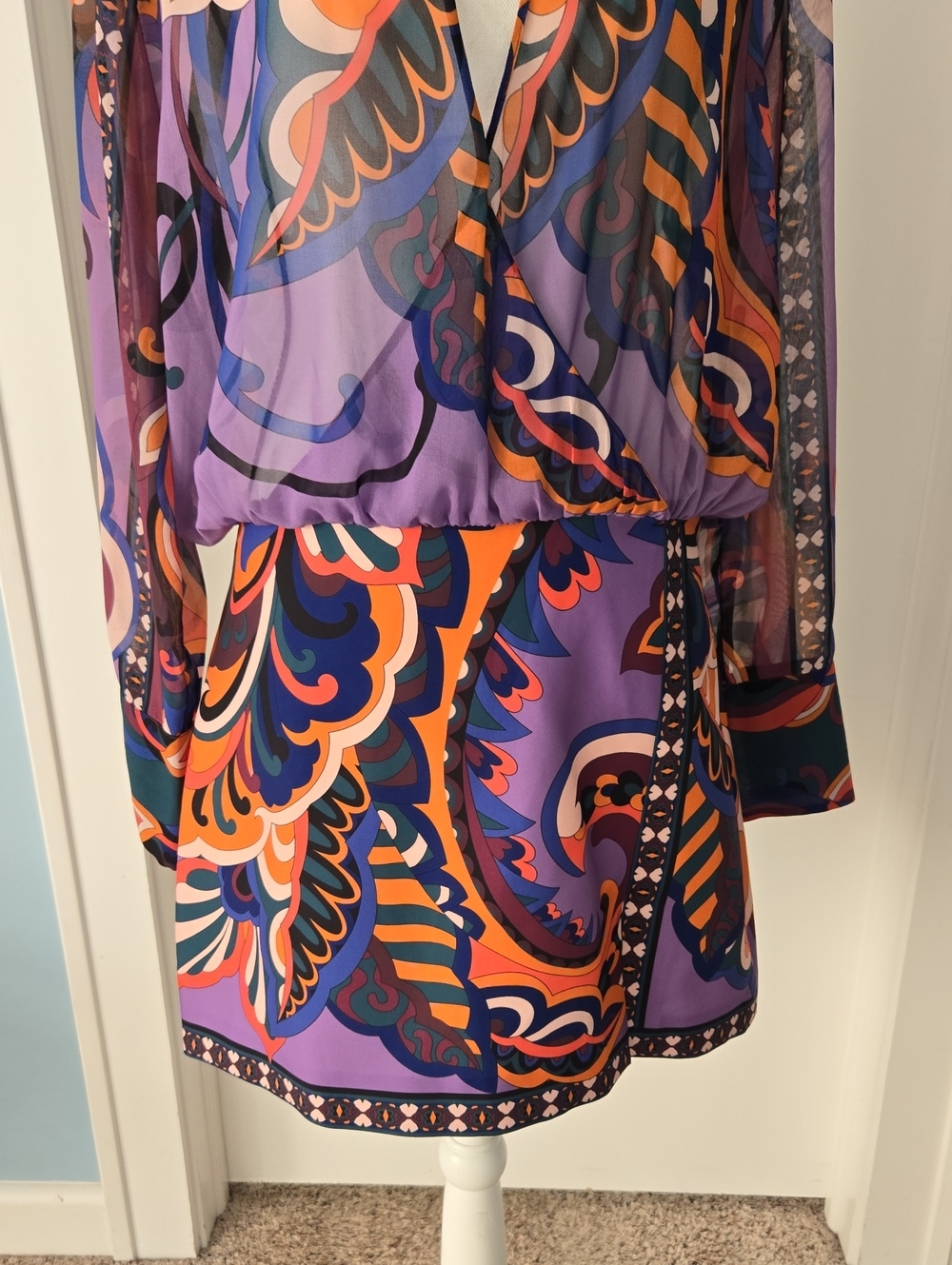 Zara Bright Multicolor Print Mini Blouson Dress Long Sleeves Neck Tie Fitted L - Picture 3 of 11